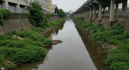 A narrow, urban waterway with lush vegetation lining its banks, overshadowed by elevated roadways and buildings