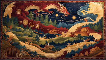 Obraz premium Epic Legends Unfold: A Tapestry Carpet Woven with Myth, History, and Symbolic Storytelling