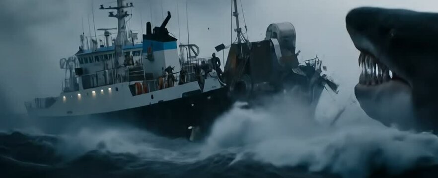 A terrifying ocean scene of ship encounter with the jaws of death Megalodon, dramatic storm and massive creature threatening to capsize the vessel, evokes a sense of peril and adventure.