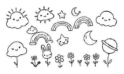 Happy Sky Doodle Pack – Cheerful sky illustration with smiling sun, sleeping moon, and cute clouds. Design suitable for children’s book or room decoration.