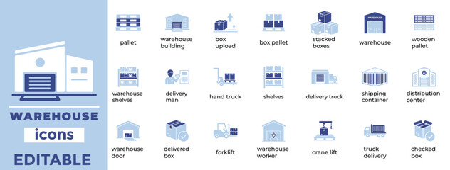 Editable warehouse icons ideal for logistics, storage, shipping, and inventory visuals. Clean, modern, industry-ready design.
