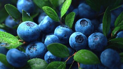 Vibrant Blueberries Green Leaves Fresh Produce Antioxidant Rich Superfood Healthy Eating Summer Berries Garden Harvest Culinary Delights Natural Food Still Life
