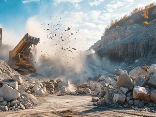 Heavy machinery action rock crushing operations in quarry dynamic environment aerial view industrial concept