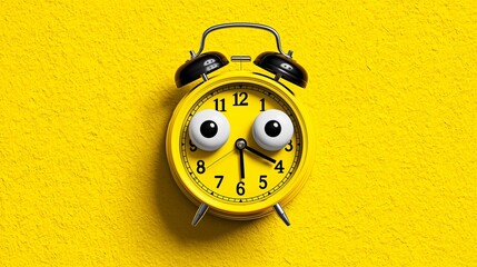 Silly New Year and April Foolsâ€™ mix, clock with googly eyes, bright yellow background, humorous holiday art