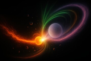 Obraz premium Dual Star Collision with Spiral Ejecta and Binary Collapse Stream in Space