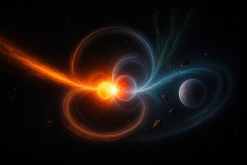 Obraz premium Binary Collapse Stream with Dual Star Collision and Spiral Ejecta in Deep Space