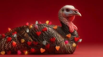 Thanksgiving turkey wearing Christmas lights and Valentine hearts, multi-festive chaos, bright red backdrop
