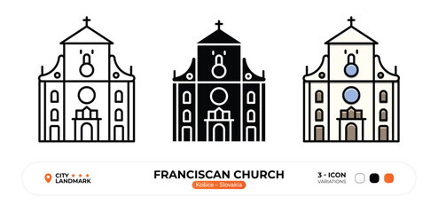 Franciscan Church Line Icon, Košice, Slovakia Landmark Silhouette, Color Vector, Editable Stroke.