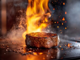 Sizzling teppanyaki steak grilling action japanese cuisine food photography restaurant environment close-up view culinary art