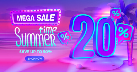 Summer time, sale offer 20 percentage, flyer party on the beach. Vector illustration