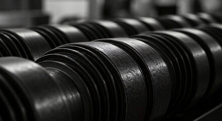 Metal coils lined up in a row creating an industrial pattern with contrasting light and shadow detail.
