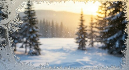 Frosty winter sunrise scene viewed through a frosted windowpane, showcasing a snow-covered forest