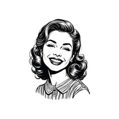 Vintage pin up woman smiling illustration. drawn in an engraved, woodcut style with fine details sketch engraving vector illustration. Scratch board imitation. 