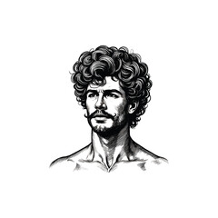 Vintage pin up man with curly hair illustration. drawn in an engraved, woodcut style with fine details sketch engraving vector illustration. Scratch board imitation. 