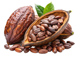 whole and half cocoa pod with raw beans isolated on white background, PNG