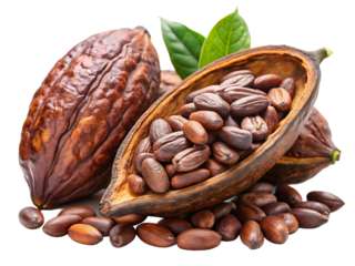 whole and half cocoa pod with raw beans isolated on white background, PNG