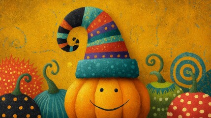 Whimsical Christmas and Halloween mashup, Santa hat on pumpkin, funky yellow background, quirky holiday art