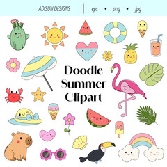 Kawaii Summer Doodle Clip Art Flat Design Beach Vacation Illustration