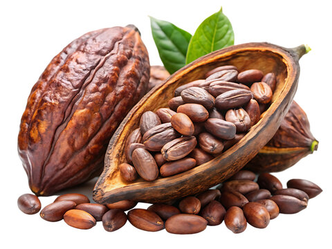 whole and half cocoa pod with raw beans isolated on white background, PNG