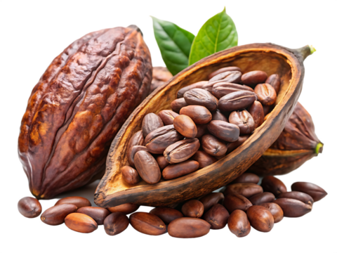 whole and half cocoa pod with raw beans isolated on white background, PNG