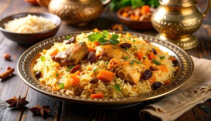 Golden Plate Of Aromatic Chicken And Vegetable Rice Dish