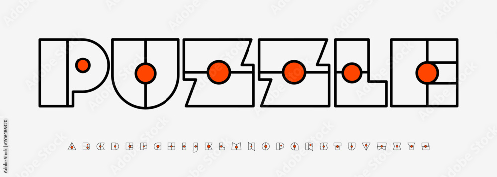 Poster puzzle modular alphabet, outlined geometric font with red ball. typescript for creative mental game 