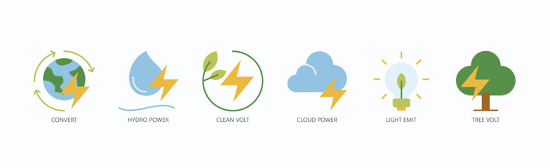 Eco Current Icon Set Isolated Vector With Icon Of Convert, Hydro Power, Clean Volt, Cloud Power, Light Emit, Tree Volt In Flat Style