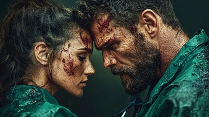 Intense Action Scene, Two Survivors, Forest Setting, Photo, Dark Atmosphere, Close-Up View, Battle for Survival