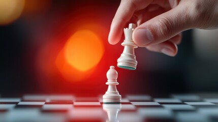A close-up of a hand making a decisive chess move, emphasizing strategy and concentration, capturing the essence of competitive spirit and analytical thinking in a game.