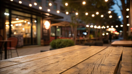 Fototapeta premium Wooden table with warm bokeh lights, evoking cozy evening ambiance 