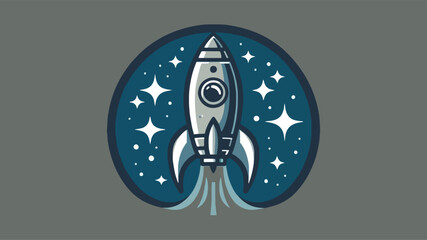a logo that features a retro-inspired rocket ship, shades of blue and grey,