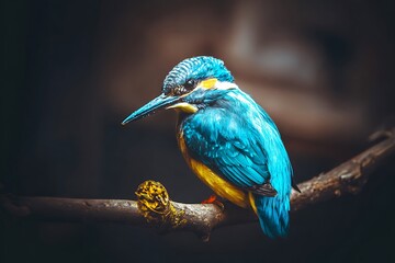 Common kingfisher perched on branch darkly