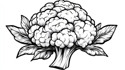 Monochrome drawing of a cauliflower head with leaves