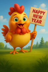 Cartoon Rooster Celebrating the New Year with a Sign