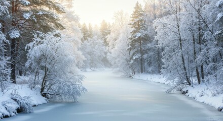 Obraz premium Sunlit, snow-covered trees line a frozen river, creating a serene winter wonderland scene