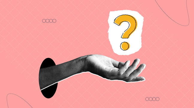 Halftone hand holding question mark. trendy collage with business analysis with people hand symbol. contemporary vector illustration.