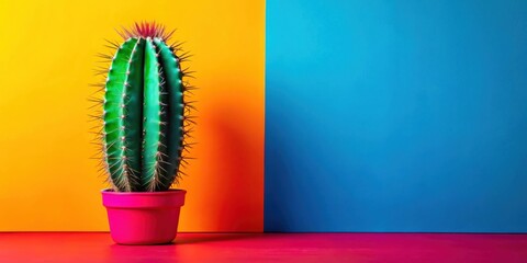 Vibrant Cactus in a Pink Pot Against a Bold Orange and Blue Background