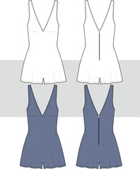 Women's mini jumpsuit. Girls V neck wide short legs jumpsuit with back zipper detail. fashion technical drawing, flat sketch, illustration. Card, mockup.