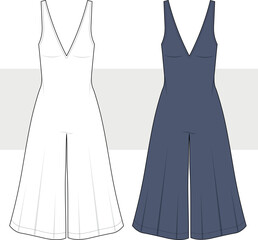 Women's V neck wide legs jumpsuit fashion technical drawing, flat sketch, illustration. Card, mockup.