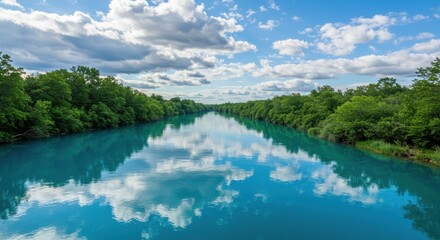 Reflective blue river flowing gently amidst lush green trees under a cloudy sky