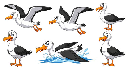Cartoon Albatross Character Set – Cute Seabird Flying, Swimming, and Standing Poses