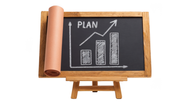 Blackboard with increasing graph and the word plan written with chalk and a rolled up paper sheet on a wooden easel with transparent background representing a successful business strategy