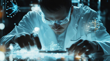 Close-up of a male scientist analyzing data on a digital tablet, holographic scientific interfaces around him