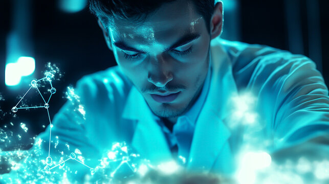 Close-up of a male scientist analyzing data on a digital tablet, holographic scientific interfaces around him