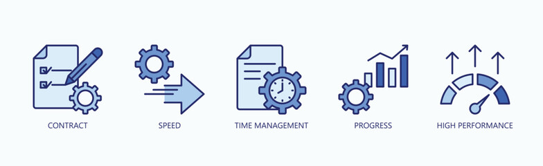 Mastering Efficiency Icon Set Isolated Vector With Icon Of Contract, Speed, Time Management, Progress, High Performance In Blue Style