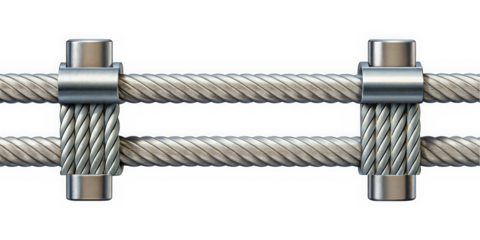 A close-up of a metal and rope connection showcasing a sleek, modern design. The juxtaposition of materials highlights strength and durability in a minimalist style.