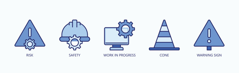 Signals Of Caution Icon Set Isolated Vector With Icon Of Risk, Safety, Work In Progress, Cone, Warning Sign In Blue Style