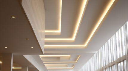 Obraz premium Modern Ceiling Design Light Lines Architecture Interior Illumination Contemporary Style Home Decor Office Lighting Geometric Patterns Suspended Ceilings Architectural Innovation 