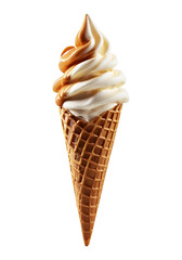 Vanilla and caramel ice cream in a classic waffle cone on transparent background