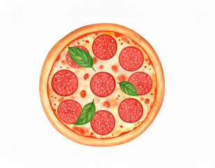 Watercolor painting of pepperoni pizza with basil leaf. Tasty food. Hand drawn art.
